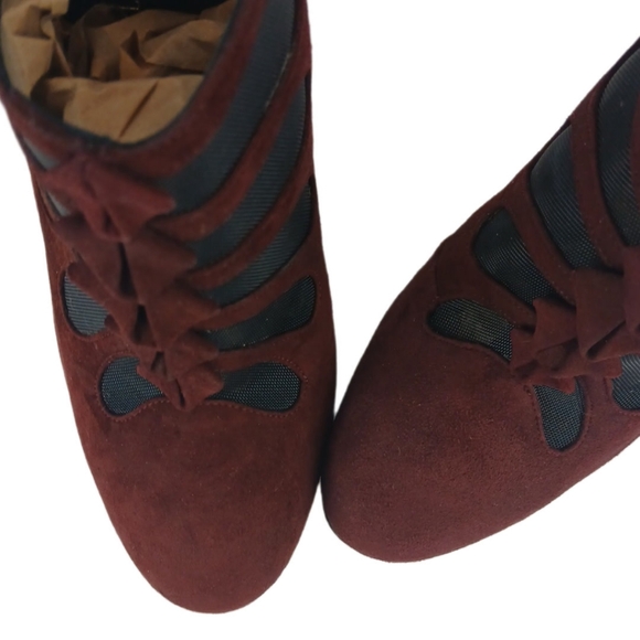 Sarah Flint Burgundy Blake Ankle Boots Suede Booties Mesh Cutouts Pumps Heels - Picture 12 of 15